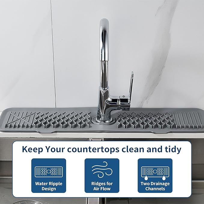 Kitchen Sink Splash Guard 24inch Grey Silicone Faucet Mat Draining Mat Longer Silicone Faucet Handle Drip Catcher Tray Bathroom Countertop Protect Mat for Kitchen Bathroom, Drip Protector Splash
