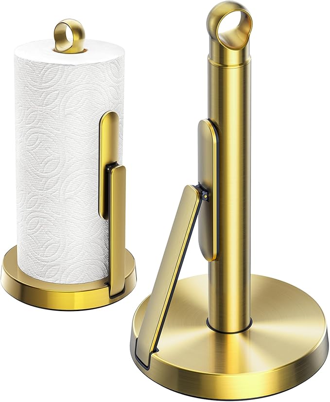 theaoo Heavy-Duty Stainless Steel Paper Towel Holder with Tension Arm – Easy One-Handed Tear, Modern Standing Countertop Dispenser for Kitchen, Holds All Paper Towel Rolls (1, Gold)