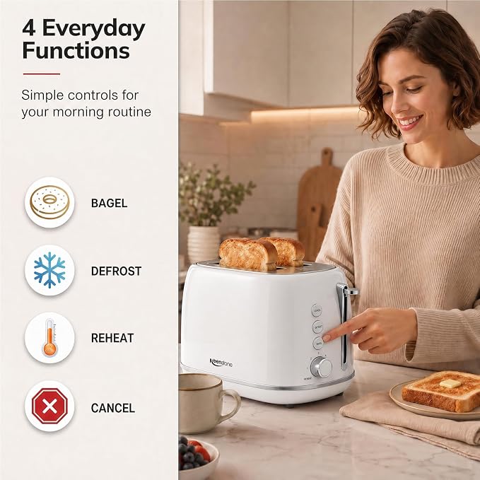 Keenstone Toaster 2 Slice, Retro Wide Slot Stainless Steel Toaster with 6 Browning Levels, Reheat & Defrost, for Bagel, Toast, Bread, Kitchen Essentials, Removable Crumb Tray, White