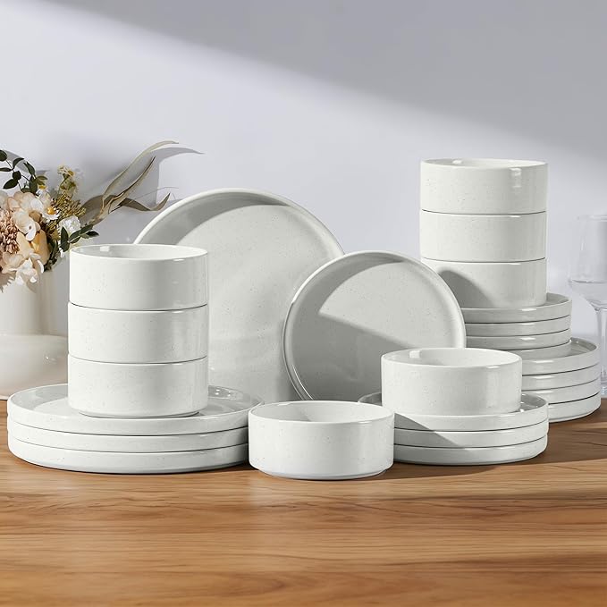 E-far Dinnerware Sets for 8, 24-Piece Stoneware Plates and Bowls Set, Modern Kitchen Dinning Dishware, Chip and Scratch Resistant, Microwave & Dishwasher Safe, Speckled White