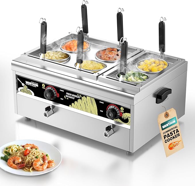 WantJoin Commercial Pasta Cooker - Electric Pasta Cooker with 6 Noodle Strainers, Precision Temp Control 86°F to 230°F, Cooking Machine w/Drain Valve for Spaghetti Ramen, Noodles and Vegetables