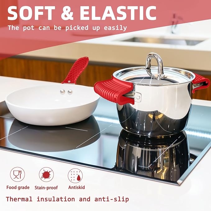 Honeydak 12 Pcs Silicone Trivet Mat and Silicone Hot Handle Holder Pack Multipurpose Non Slip Pot Holders Pot Handle Covers Heat Resistant for Kitchen Potholders Hot Dishes Jar Opener (Red)
