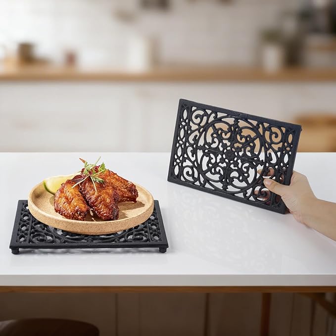 Notakia 9.6 x 6.3 Inch Cast Iron Trivet Set, Large Metal Trivets for Hot Dishes Pots Pans Decorative Kitchen Trivets, Heat-Resistant Trivet Mats for Quartz Countertops, Table Cooktop (Black, 2 Pack)