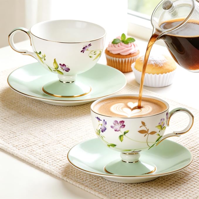 KAMMAK Ceramic Coffee Cups Saucers Set of 2, Porcelain Espresso Cup with Saucer, 8.45 oz Handmade Elegant Bone China Tea Cups, Ceramic Floral Pattern Demitasse Cup for Latte, Americano, Cappuccino