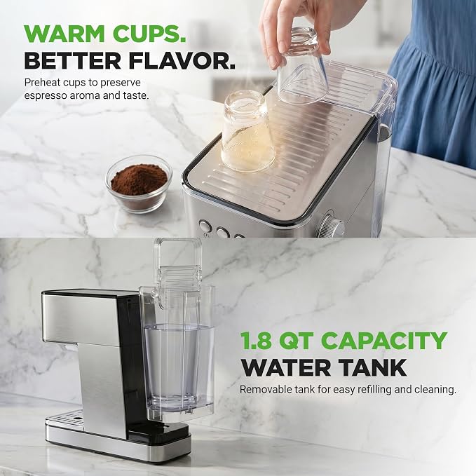 NutriChef 20-Bar Espresso Maker With Milk Frother | Removable 1.8 Quart Water Tank | Coffee Maker for Brewing Espresso, Cappuccino, Latte, Americano & Cold Brew Coffees | Stainless Steel