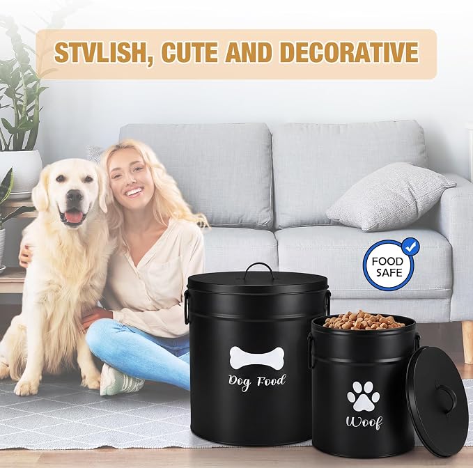 DoubleFill Extra Large 23+10 lb Metal Dog Food Storage Containers Set of 2 Black Airtight Dog Treat Snack Jars with Lids and Spoon Farm House Style Big Pet Cookie Jar for Kitchen Counter Gift