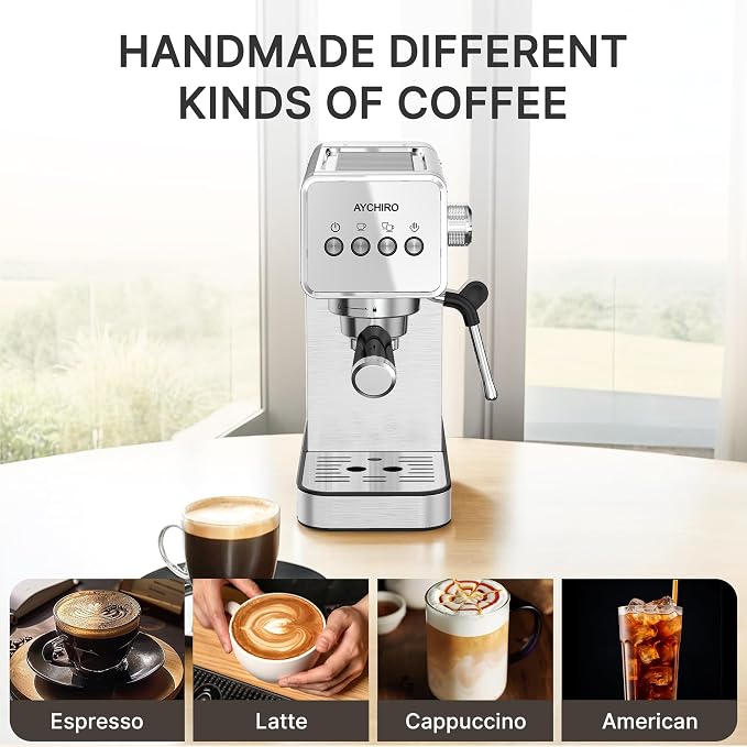 AYCHIRO 20-Bar Espresso Machine with Milk Frother, Professional Espresso Coffee Machine for Home, Stainless Steel Cappuccino Maker, Removable Water Tank & Drip Tray, Silver