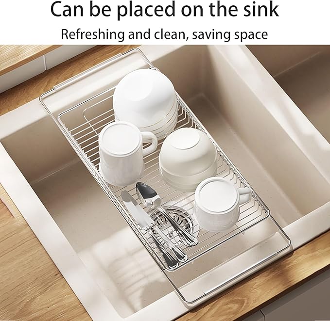 Expandable Dish Drying Rack Stainless Steel, Dish Drainer Over the Kitchen Sink, Dish Rack Vegetables and Fruits Strainer(Large)