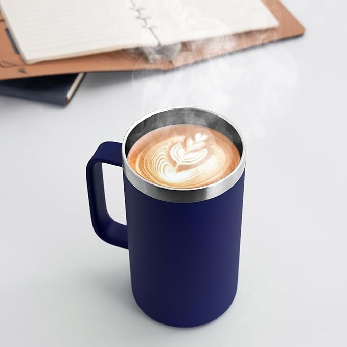 DOMICARE 24oz Mug with Handle and Lid, Stainless Steel Coffee Mug, Reusable Insulated Cup, Travel Mug with Handle, Double Wall Vacuum Coffee Tumbler for Men and Women, Navy, Pack 1