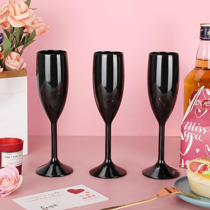 Domensi 60 Pack Black Acrylic Champagne Flutes Bulk 6 oz Unbreakable Reusable High Stem Plastic Toasting Goblets for Wedding, Party, Camping & Restaurant