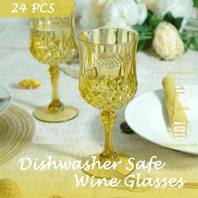 Plastic Wine Glasses, Plastic Goblets Vintage Style Cordial Unbreakable Drinking Glasses, Reusable Drinkware for Wedding Reception, Grand Event Party Supplies (100, Gold)