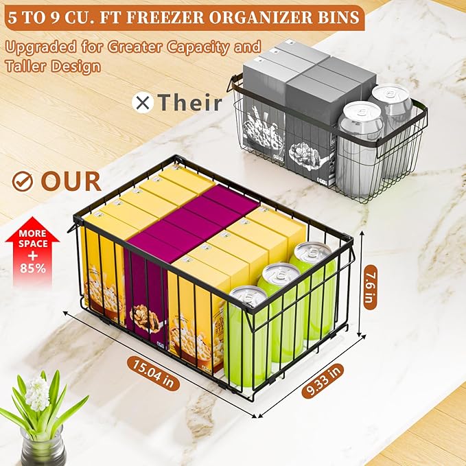 Large Freezer Organizer Bins, Upgrade Quick Expand/Collapse Feature, for 5-9 Cu.Ft Deep Freezer, 4 Pack Stackable Deep Freezer Organizer Bins, Black Wire Foldable Baskets (Black 4 Pack)