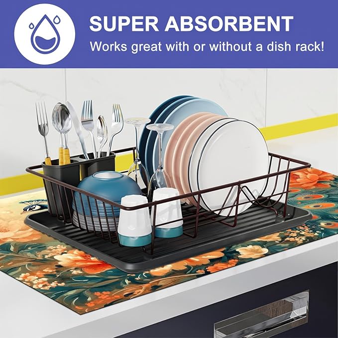 HOMETITUTE Stove Top Cover for Electric Stove 28x20 Inch Diatomite Dish Drying Mat Glass Top Burner Protector Kitchen Counter Mat Peacock Kitchen Decor Stove Pad Stove Top Mat