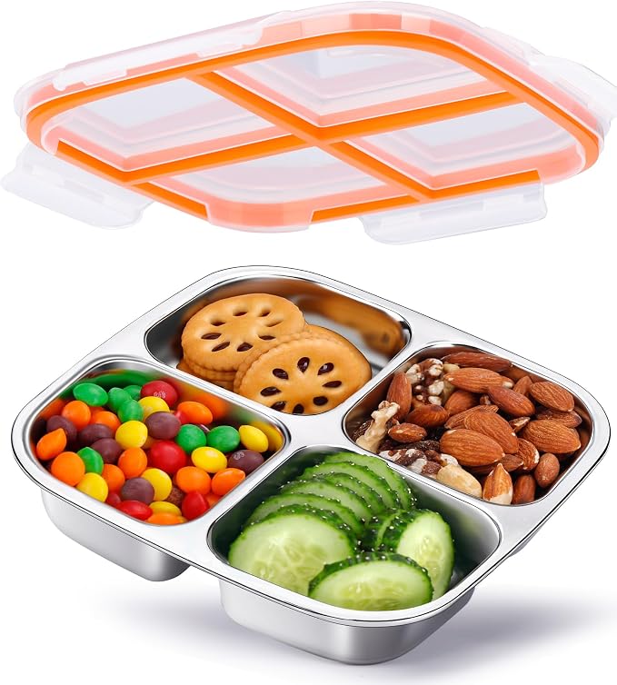 KTKUDY Stainless Steel Snack Container - Divided Bento Snack Box - 4 Compartment Meal Prep Lunch Container for Kids Daycare, School, Work, Travel