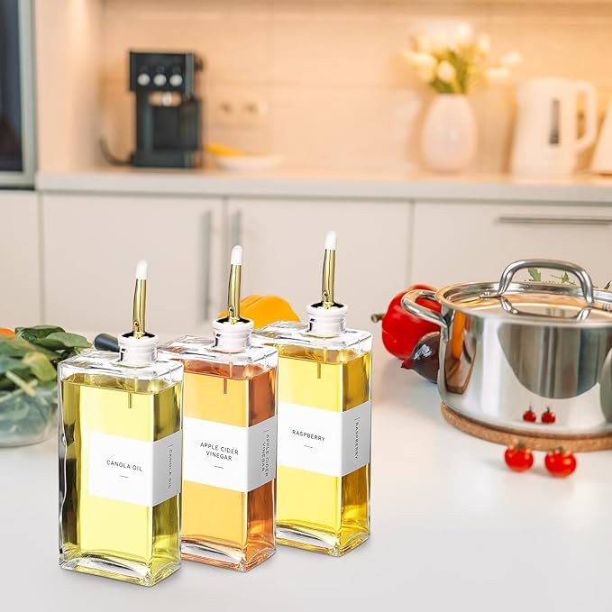Reallnaive 10 Sets Olive Oil Dispenser Bottles for Kitchen with Nozzles Funnel Labels Cooking Oil Dispenser 500ml Set for Kitchen Vinegar Coffee Syrup (Gold)