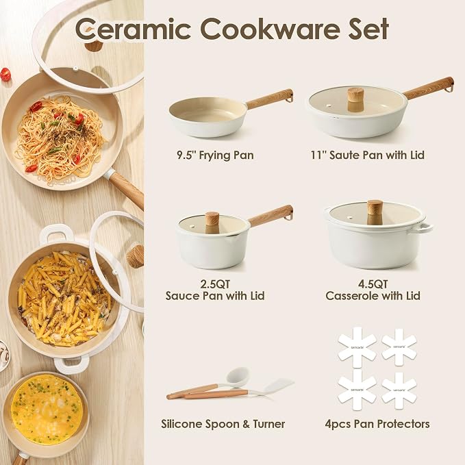 SENSARTE Ceramic Cookware Set 14Pcs, Nonstick Pots and Pans Set, Healthy Non Toxic Induction Cooking Set, Stackable Cookware with Kitchen Utensils, Pot Protectors, PFAS/PTFE Free
