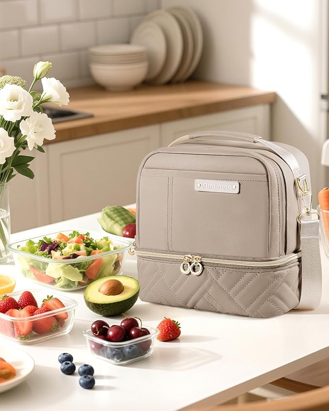 Double Deck Lunch Box Bag Women - Vegan Leather Insulated Waterproof Leakproof Cooler for Work Travel Picnics - Teacher Mothers Day Christmas Birthday Gifts
