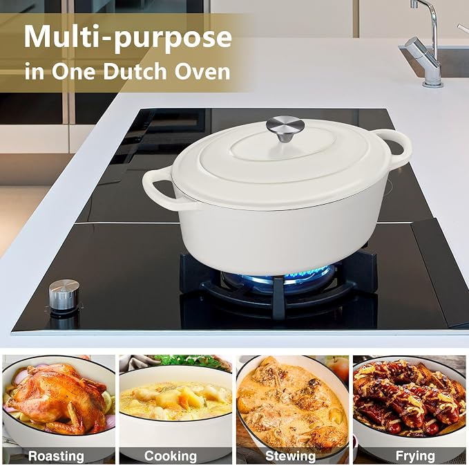 P&P CHEF Oval Dutch Oven with Lid, Enameled Cast Dutch Oven Pot for Bread Baking, Braising, Stewing, Roasting, Non-Stick & Oven Safe, Dual Handles & Easy Clean, 5QT & White, Valentine's Day