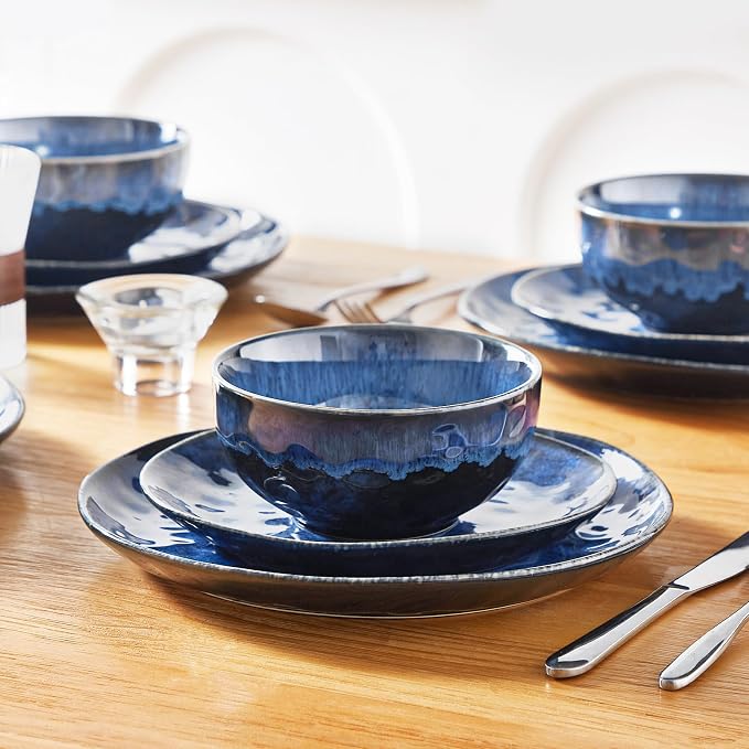 vancasso Starry Dinnerware Set for 4, Handmade Reactive Glaze Stoneware 12 Pieces Plates and Bowls Sets, Dishwasher and Microwave Safe Dish Set, Blue