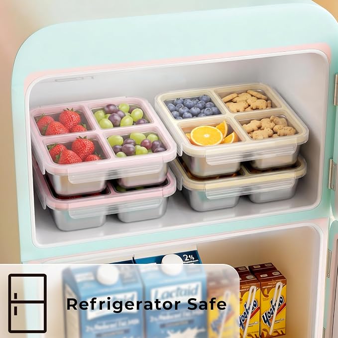 3 Pack Stainless Steel 4 Compartment Snack Containers with Lids, Reusable Divided Lunch & Food Storage Containers for Work, Travel (Pink, Yellow, Green)