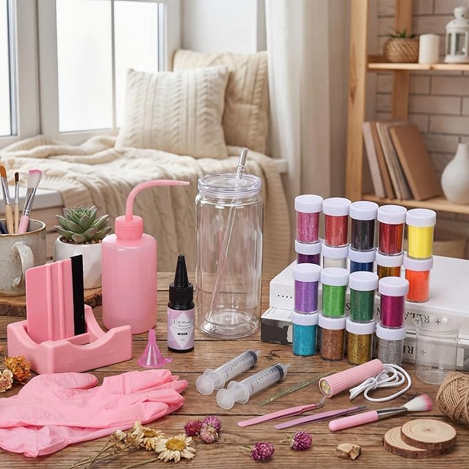 Meanplan 8 Pack DIY Plastic Snow Globe Tumbler Supplies Kit 16oz Pre Drilled Double Wall Cup 20 Colors Glitter Squeeze Bottle Funnel Tweezer Syringe Cradle Measuring Cup Flashlight Buffer Glove