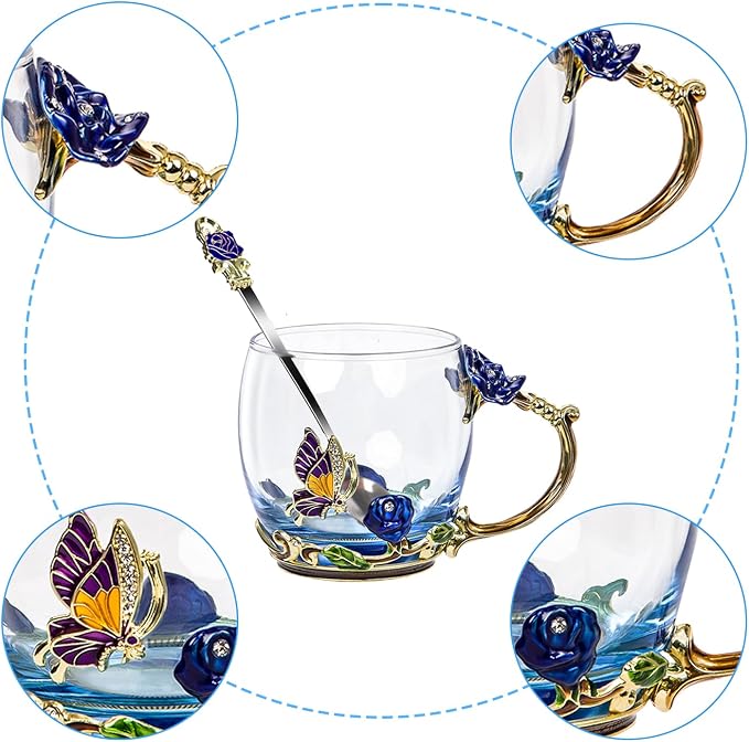 Tea Cup Glass Coffee Mugs,Fancy Tea Cup Set Birthday Christmas Valentine's Day Gift Idea for Tea Lover and Women Novelty Coffee Mugs Rose Flower Enamel Cup with Spoon (Blue & red rose cup)