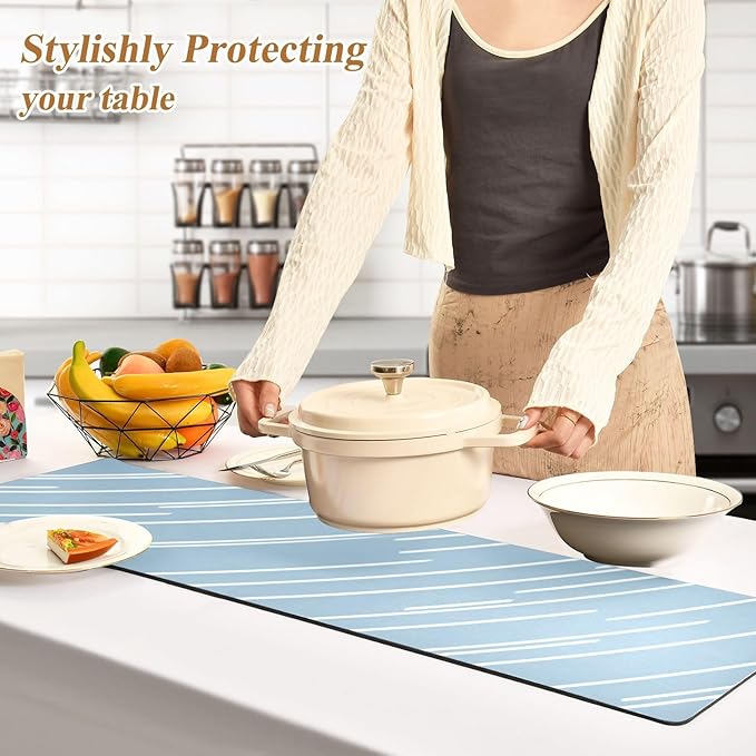 2-in-1 Table Runner Trivet for Hot Dishes Heat Resistant Hot Plate Mat Pad 39x12 Inch Waterproof Table Protector Trivets for Countertop Blue Minimalist Lines