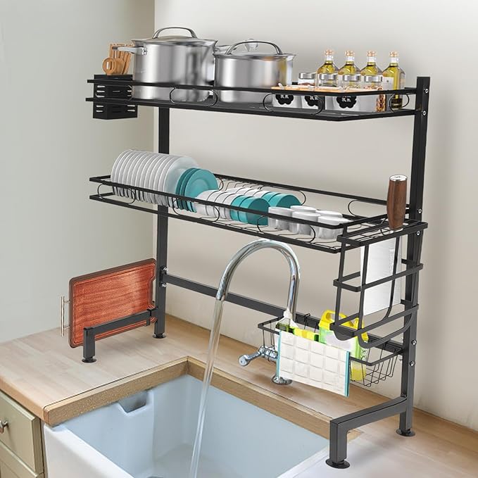 Dish Drying Rack, 2-Tier Over Sink Dish Dryer Rack with Drainer 8 Hooks & Different Racks, Cutlery Shelf Cup Organizing Metal Dishrack Set, Dish Racks for Kitchen Counter