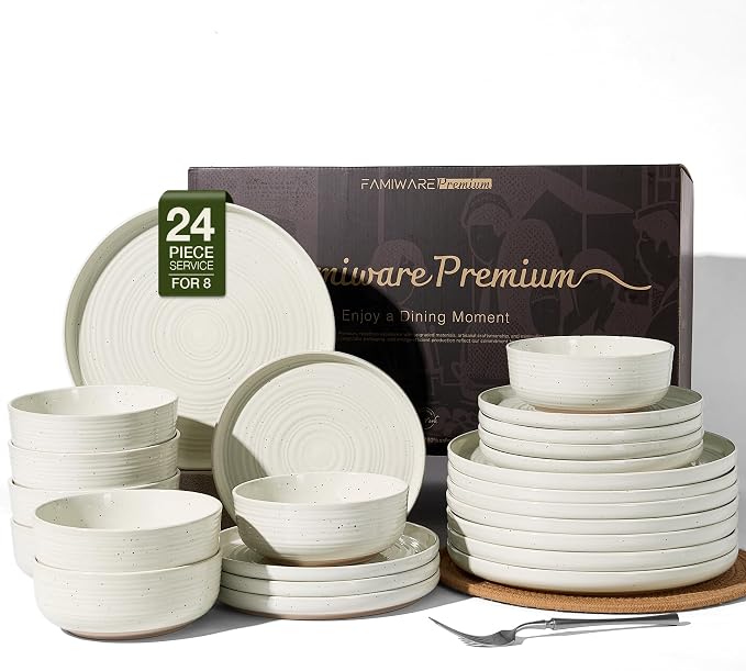 24-Piece Stoneware Dinnerware Sets for 8 - Coupe Plates and Bowls with Speckles & Spirals - Chip & Scratch Resistant, Microwave & Dishwasher Safe - Farmhouse Dishes - Gift Box, Cream