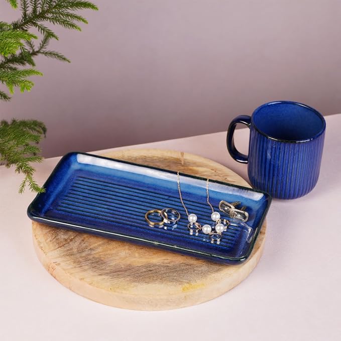 Ceramic Coffee Mugs with Handle Set – 2-Piece 11 Oz Ceramic Coffee Cups & 9" Tray, Handmade Midnight Blue Color, Microwave Safe Gift Set for Tea Lovers, Home Kitchen Décor