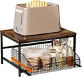 KLM Pull Out Spice Rack Organizer for Cabinet,Rustic Wood Top with Wire Basket Storage,Kitchen Countertop Organizer and Storage for Pantry, Counter top,Coffee Station Wood. (Brown)