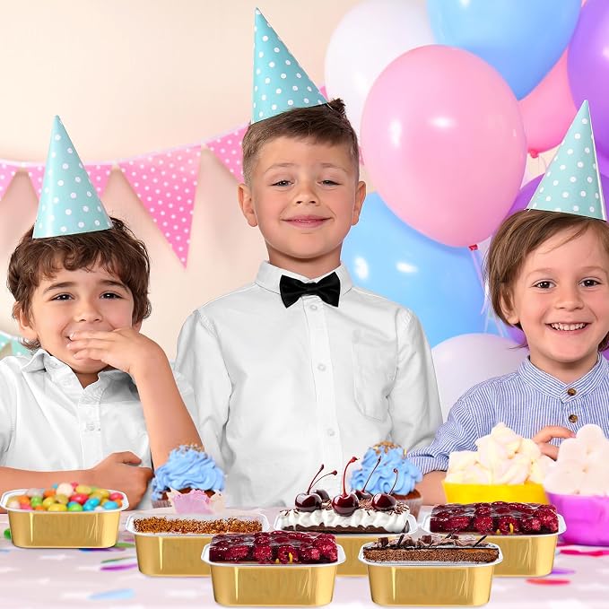 Vesici 100 Sets Mini Loaf Pans with Lids, 5.7 oz Disposable Aluminum Foil Baking Cups, Rectangle Cake Pans for Baking Storage Birthday Party(Gold)