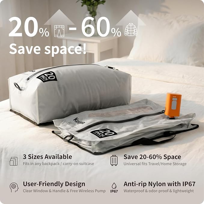 Vacuum Seal Bags for Travel with Pump, Light Grey, 20+20 | Reusable Nylon, Compression Packing Cubes, Odor & Waterproof, Space Saving for Suitcase & Backpack, 2Pcs