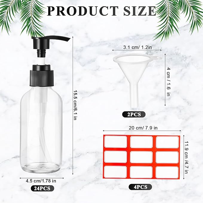 Tanlade Glass Pump Bottle Dispenser 4 oz Travel Bottles with Pump Refillable Glass Containers for Toiletries Lotion Liquid Soap Shampoo Essential Oils Cosmetic Travel Accessories(Clear,24 Pcs)