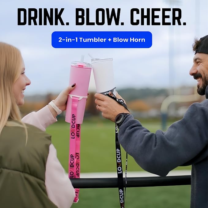 The LoudCup Blow Horn Tumbler, Cheer & Sip 2-in-1 Reusable Water Bottle with Built-In Horn for Sports Games, Tailgates, Parties & Events, BPA-Free, 23 oz, Sunshine Yellow