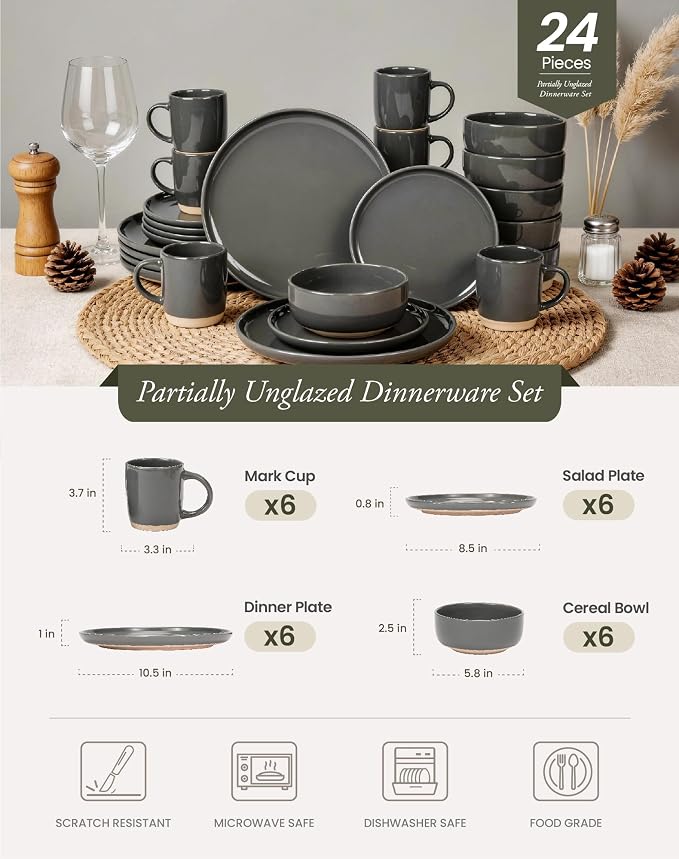 OTAGO 24-Piece Grey Stoneware Dinnerware Set for 6 with Mugs, Plates and Bowls Sets with Partially Unglazed Base, Scratch Resistant Ceramic Dish Set, Microwave & Dishwasher Safe for Kitchen