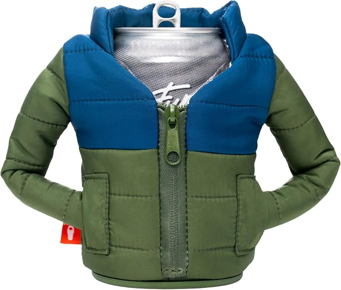 Puffin - The Puffy Jacket - Insulated 12 oz Can Cooler I Beer Bottle & Soda Can Insulator, Keep Drinks and Beverages Cold - Olive Green/Sailor Blue | Beer Bottle & Soda Can Insulator, Keep Drinks and Beverages Cold