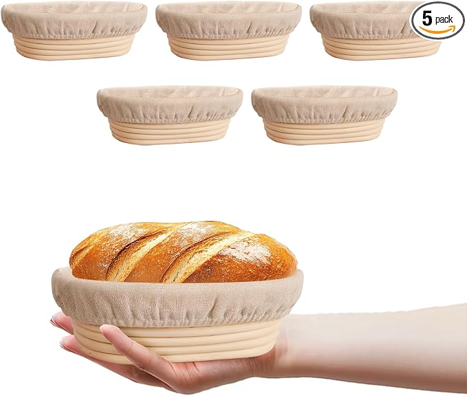 5 Pack Oval Banneton Proofing Basket Set 6 Inch, Natural Rattan Sourdough Bread Baskets with Linen Liners, Mini Dough Baking Bowls for Artisan & Home Bakers (6" Oval, Set of 5)