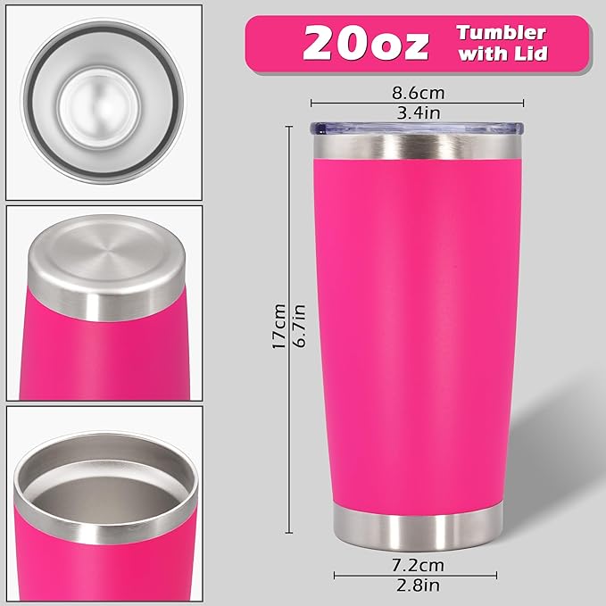 AIANJI 20oz Tumbler Bulk Stainless Steel Tumblers with Lid Vacuum Insulated Double Wall Travel Coffee Mug Powder Coated Tumbler Cup for Hot and Cold Drinks(Hot Pink, 6 pack)