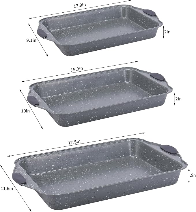 Anveena 3-Piece Nonstick Kitchen Oven Baking Pans - Premium & Stylish Non-Stick Steel, Commercial Grade Restaurant Quality Metal Bakeware with Red Silicone Handles - Easy to Clean gray