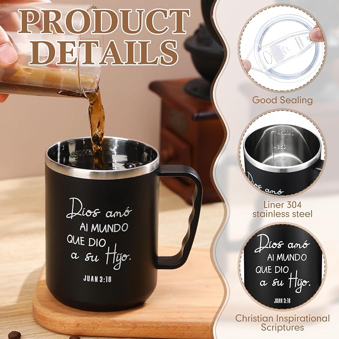 Sieral 12 Pcs Christian Gifts Coffee Mugs with Straw Lid 17 oz Religious Cups with Bible Stainless Steel Tumbler Inspirational Gifts for Women Men Pastor's Church Group(Black,Spanish)
