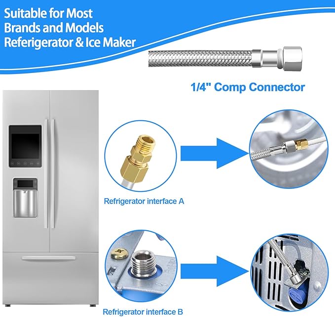 25 FT Premium Stainless Steel Braided Ice Maker Water Hose + 30 FT Refrigerator Water Line Kit with 3/8"- 1/4"- 3/8" Tee Stop Valve for Most Brands and Models Refrigerator