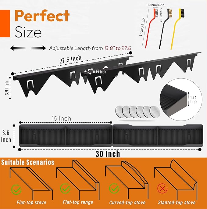 Stove Gap Covers Stainless Steel 2PC(0.08"–0.7"W,13.8"–27.5"L) + 30"(2x15") Magnetic Stove Shelf|2-in-1 Adjustable Counter Gap Filler&Range Organizer|Heat Resistant Bonus Cleaning Brushes&Pads
