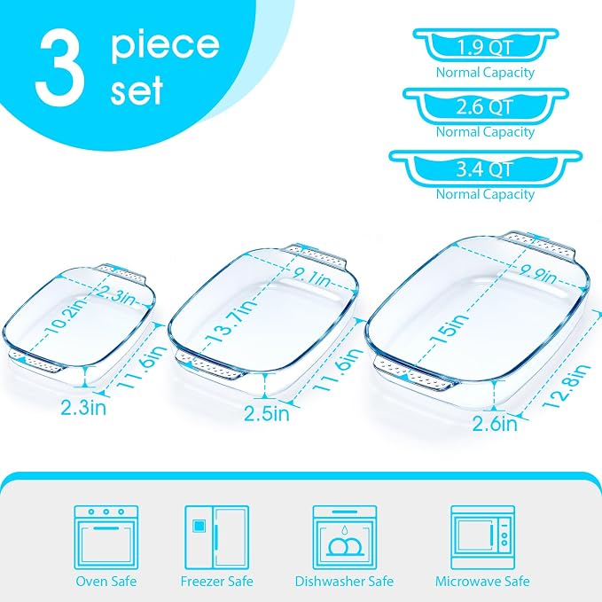 Large Glass Baking Dish Set, Easy Grab Oven Safe Glass Pan for Cooking 2 QT+2.7 QT+3.3 QT
