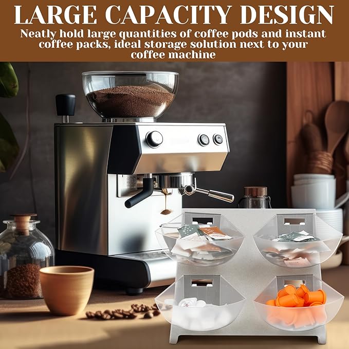 DoubleFill 15.5''x10''x 10.5'' Coffee Condiment Packet Organizer with 4 Removable Compartments Steel Coffee Caddy Station Creamer Sugar Tea Holder for Bar Countertop Office Kitchen Accessories(Silver)