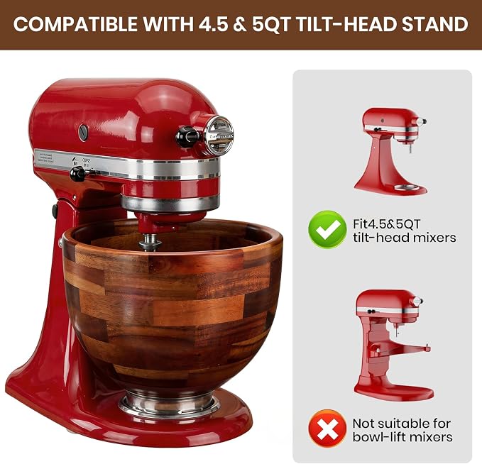 Wood Mixing Bowl for KitchenAid, 5QT Natural Acacia Wooden Bowl Compatible with KitchenAid 4.5&5 QT Tilt-Head Stand Mixer, with Stainless Steel Locking Base, for Baking & Mixing