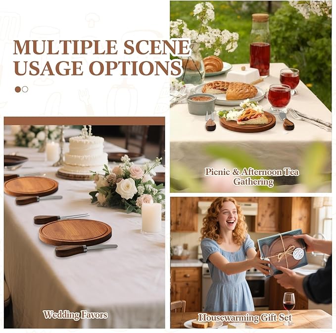 Maxcheck 1 Set Baby Shower Bridal Game Prizes for Winners Round Cheese Board Set Wood Mini Charcuterie Board with Knives and Forks Thank You Card with Gift Box for Guests Wedding (Carbonized bamboo)