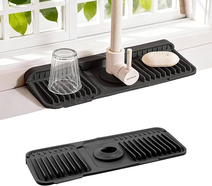 ZJWZLG Faucet Mat for Kitchen Sink, 14"X5.5" Silicone Sink Splash Guard with Soap Holder, Snap-On Design & 7°slope Fast Drain, Folding Sink Faucet Mat for Universal Kitchen Bathroom Sink（Black）