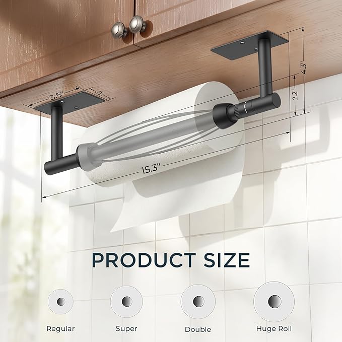 FORIOUS Paper Towel Holder Under Cabinet, Single Hand Operable with Adjustable Damping for Easy Tear, Adhesive or Drill Wall Mount, 304 Commercial Paper Towel Holder for Kitchen Bathroome, Matte Black