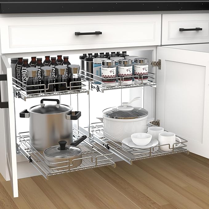 2 Tier Pull Out Cabinet Organizer, 20" W x 21" D Heavy-Duty Metal Sliding Drawer Shelf for Kitchen Cabinets, Chrome, Doesn't Include Door Fittings